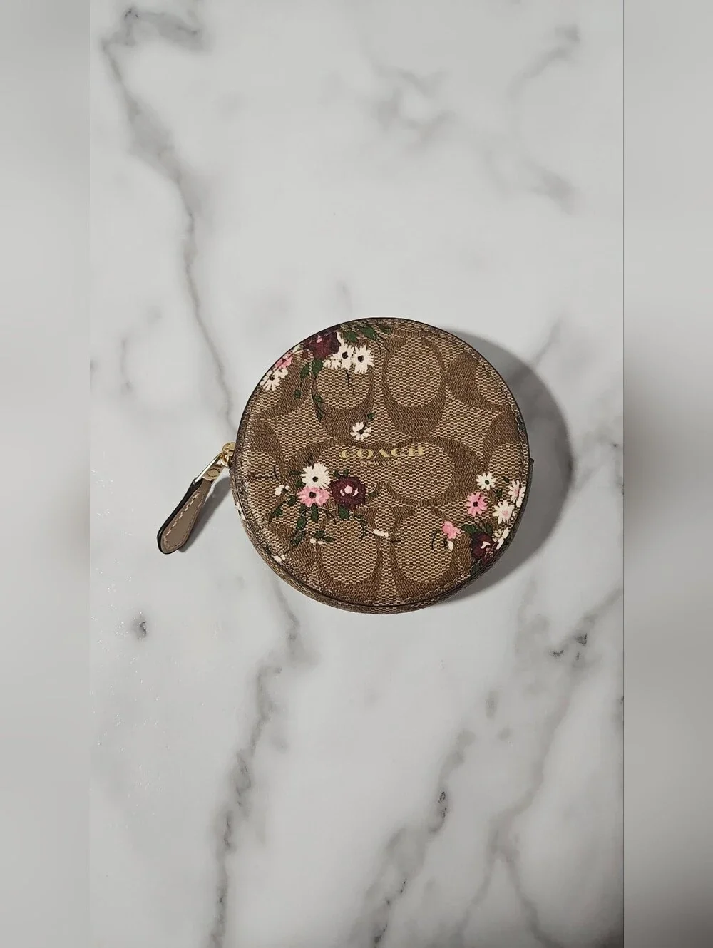 COACH Floral Signature Round Coin Pouch in Brown